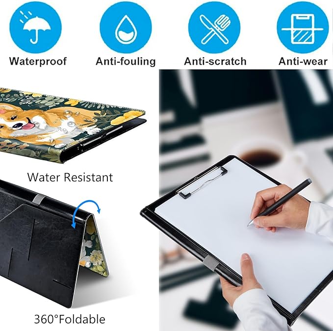 Dog Flower PU Leather Padfolio Clipboard Notepad with Pen Loop and Elastic Strap Interview/Resume Document Organizer for Business School Office