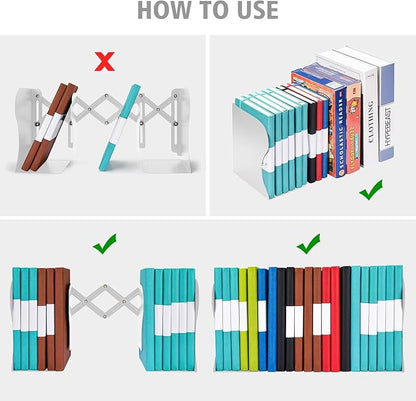 2PCS Adjustable Bookends, Metal Book Ends for Heavy Book, 2 Dividers, Nonslip Book Stander for Desk, Shelf, Office, Stationery Gift, Extends up to 19 inches (White)