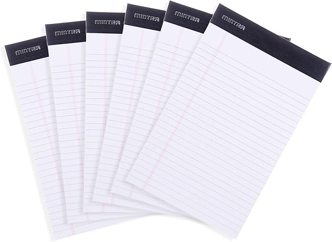 Mintra Office Legal Pads - ((BASIC WHITE 6pk, 5in x 8in, NARROW RULED)) - 50 Sheets per Notepad, Micro perforated Writing Pad, Notebook Paper for School, College, Office, Business