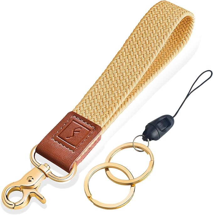 Fishent Stretchy Wristlet Keychain,Braided Cute Wrist Lanyards for Keys, Key Chain Holder for Women Men, Wrist Strap Keychain for Car Keys Phone Camera Wallet ID Badges Card (Maize)