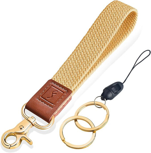 Fishent Stretchy Wristlet Keychain,Braided Cute Wrist Lanyards for Keys, Key Chain Holder for Women Men, Wrist Strap Keychain for Car Keys Phone Camera Wallet ID Badges Card (Maize)