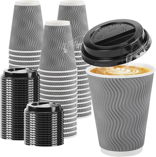 100 Pack 12 oz Disposable Coffee Cups with Lids, Insulated Ripple Wall To-Go Paper Coffee Cups Suitable for Chocolate Cocoa and Hot/Cold Drinks (Grey)