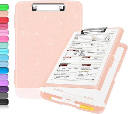 Sooez Glitter Clipboard with Storage, High Capacity Storage Clipboard with Pen Holder, Cute Clip Boards 8.5x11 with Low Profile Clip, Sparkle Plastic Clipboard Case Box for Women & Kids, Side Opening