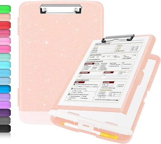 Sooez Glitter Clipboard with Storage, High Capacity Storage Clipboard with Pen Holder, Cute Clip Boards 8.5x11 with Low Profile Clip, Sparkle Plastic Clipboard Case Box for Women & Kids, Side Opening