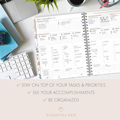 Essential PRO 2025 Daily, Weekly & Monthly Planner, 8.5"x11": 14 Months (Nov 2024 - Dec 2025) Monthly Tabs,Daily Tracking,Notes Pages,Storage Pocket,Bookmark w Sticky Notes (Colorful Botanicals)
