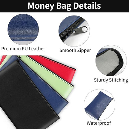 4 Pack Money Bags with Zipper, 11x6.1 Inch PU Leather Cash Pouch, Secure Bank Bag for Coins, Bills, Checks, Invoices, Cosmetics, Tools (Multi Color)