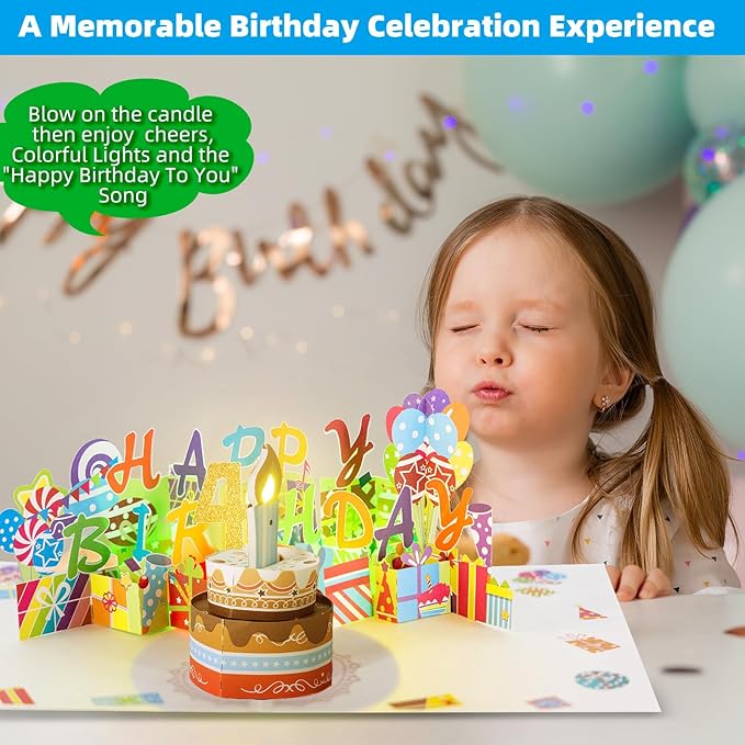 Gumry 4TH Musical Birthday PopUp Card, Blowable Colorful Light Candle 3D Cards with Song, Applause Cheers Sound, Greeting Cards Birthday Gifts Decorations for Daughter Son Turning 4 Years Old