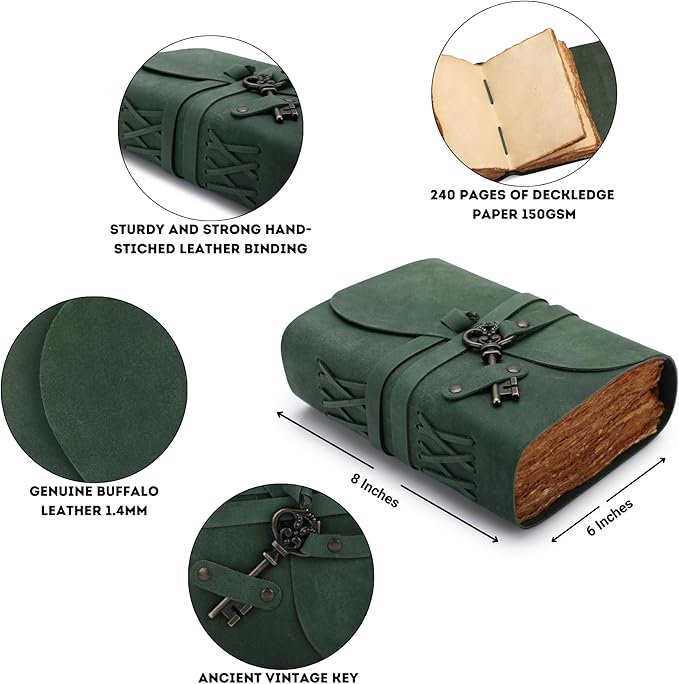 Fausta Vintage Handcrafted Leather Journal with Key for Writing, 240 Pages 8 x 6 inches, Deckled Cotton Paper Notebook/Diary for Men and Women 150 GSM Drawing/Sketchbook, Hunter Green