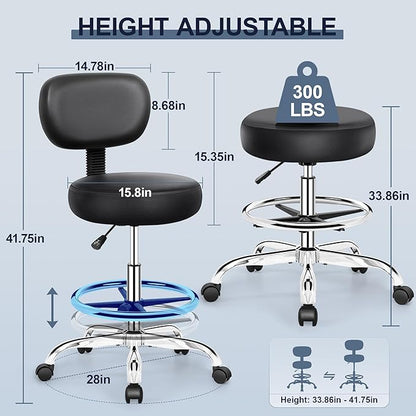 Drafting Chair with Backrest – Adjustable Foot Rest Rolling Stool with Wheels, PU Leather Swivel Stool for Office Spa Studio Lab Counter Salon Home Work Bar Kitchen Shop(Silver)