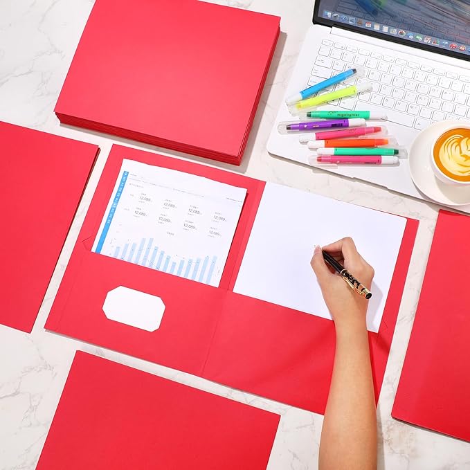 Harloon 75 Pack Two Pocket Portfolio Folders Bulk, 8.5 x 11 Inches Textured Paper with Business Card Slot Letter Size File Folders for Office School Classroom (Red)