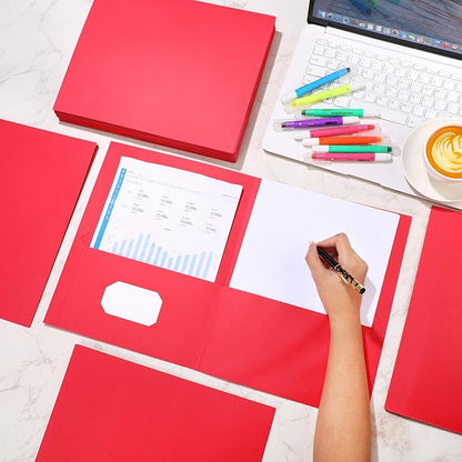 Harloon 75 Pack Two Pocket Portfolio Folders Bulk, 8.5 x 11 Inches Textured Paper with Business Card Slot Letter Size File Folders for Office School Classroom (Red)