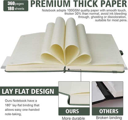 Lined Journal Notebook, 360 Numbered Pages(With page number), Thick Journal for Writing A5 College Ruled Notebook, 100gsm Lined Paper, Leather Hardcover, 5.75'' X 8.38''-Morandi Green