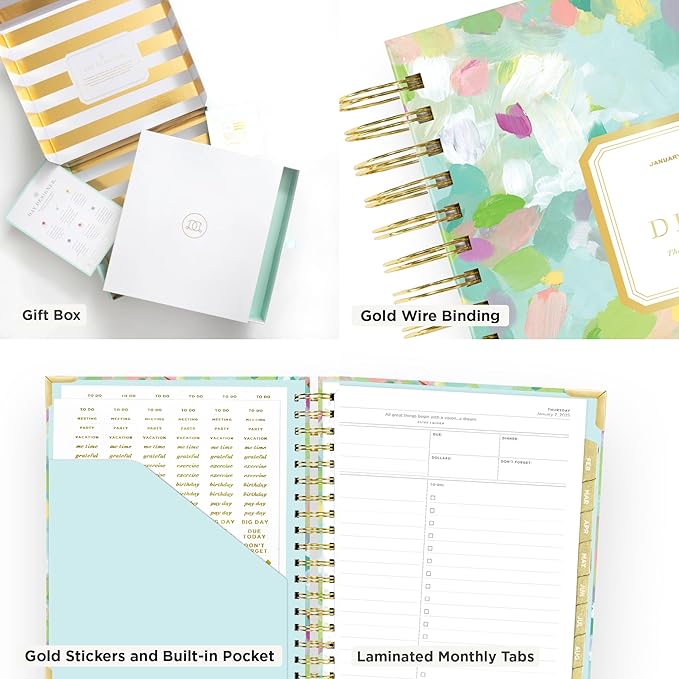 Day Designer 2025 Daily Planner – Premium Planner for Stylish Organization. Combines Monthly Calendar, Hourly Schedule, To-Do List, Gratitude, Goal Setting, Inspirational Quotes, Stickers & More. Elegant laminated Cover with Gold Accents (Monet)