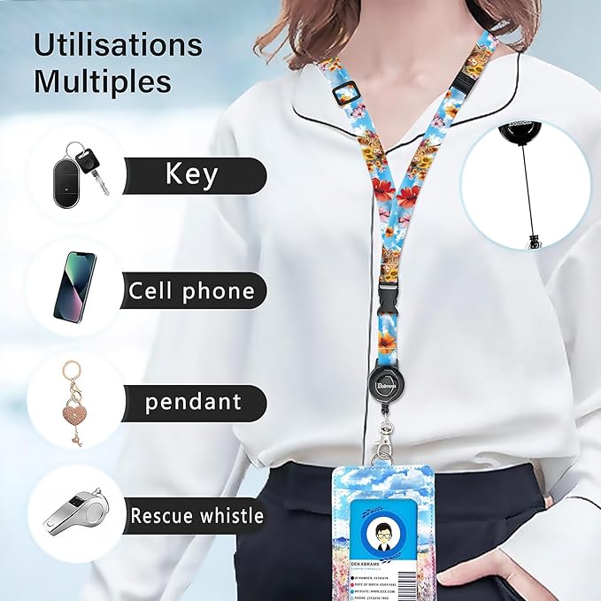 bolimoss Highland Cow Badge Holder and Adjustable Retractable Lanyards, Cute Lanyard for ID Badge Card, Breakaway Neck Lanyards with Badge Reels Quick-Release Buckles with Leather Card Badge Holders