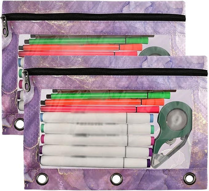 Kcldeci Pencil Pouch for 3 Ring Binder, Purple Golden Marble 2 Pack Binder Pencil Pouch with Clear Window Pencil Bags with Zipper Pencil Case for Binder