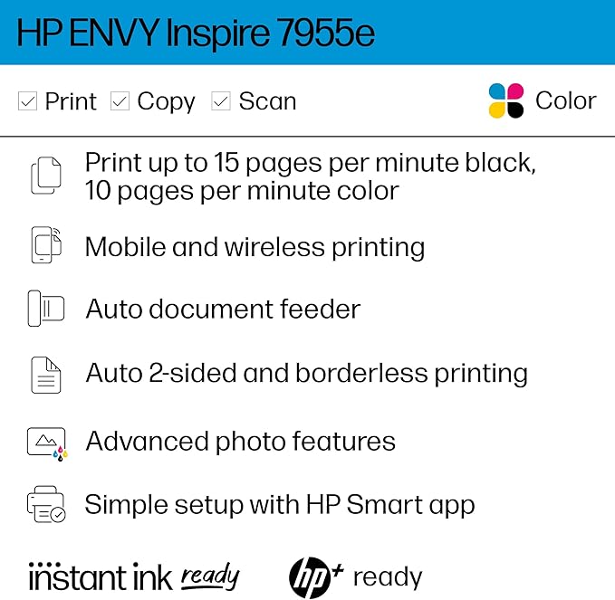 HP Envy Inspire 7955e Inkjet Printer All in One Wireless Printer Copy Scanners 2.7 Inch Touchscreen 15ppm Black 10ppm Color Phone Computer Wireless Printers for Home Use Office 1W2Y8A (Renewed)