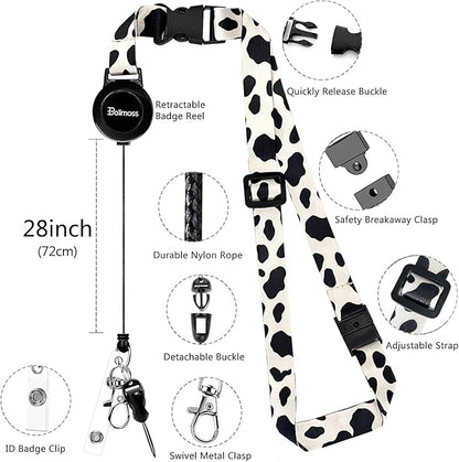 bolimoss Cow Print Lanyards for ID Badges Holder, Leather ID Name Badge Card Holder with Adjustable Retractable Lanyard,Quick Release Buckle & Safety Breakaway Lanyards with Swivel Metal Clasp