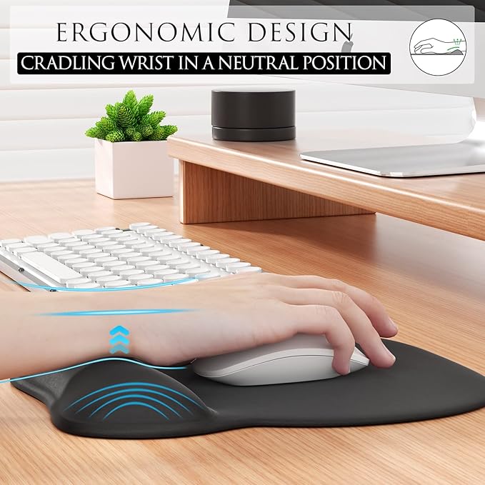 MROCO Ergonomic Mouse Pad with Gel Wrist Rest, Comfortable Mousepad with Smooth Wrist Support Surface and Non-Slip PU Base for Pain Relief, Computer, Laptop, Office & Home, 9.4 x 8.1 in, Black Color