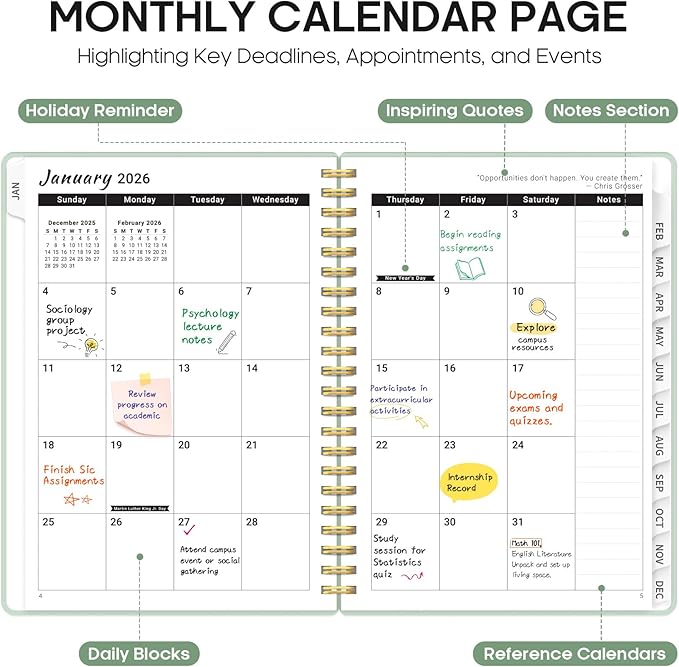 2026 Planner, Weekly and Monthly Calender Planner, Jan 2026 to Dec 2026, Hardcover 2026 Calendar Planner Book with Tabs & Inner Pocket, Office Home School Supplies for Women & Men - A5 (6.3" x 8.5"), Mint