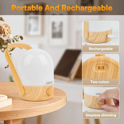 Rechargeable Lamp 2600mAh Small Bedside Rechargeable Lanterns Dimmable Led Cordless Tent Light Holiday Gifts Work,Wood