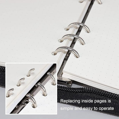 Multibey A5 Binder Cover Clear Soft PVC 6-Ring Binder Budget Evelopes System with Zipper Planner Organizer Refillable Notebook Journal Binder (Black, A6)