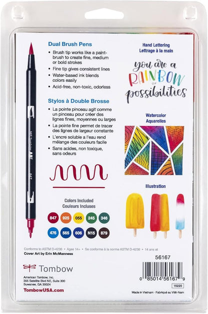 Tombow Dual Water Based Markers, Twin Tip, Primary Palette Assorted Inks, 10/Pack (56167)