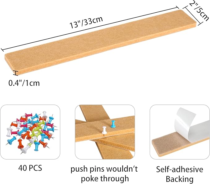 Cork Board for Walls - 8 Pack Felt Pin Board Bar Strips - Self-Adhesive Lightweight Bulletin Board - Cork Board for Office with 40 Push Pins No Damage for Wall