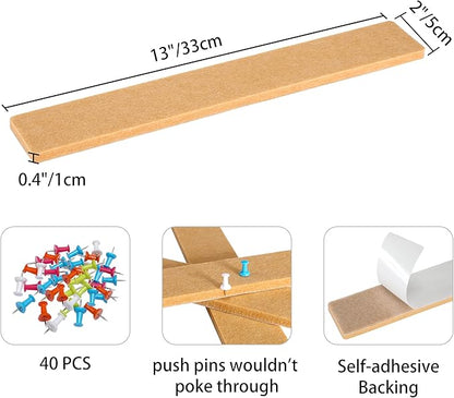 Cork Board for Walls - 8 Pack Felt Pin Board Bar Strips - Self-Adhesive Lightweight Bulletin Board - Cork Board for Office with 40 Push Pins No Damage for Wall