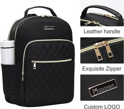 Modoker 15.6 Inch Laptop Backpack, Quilted Work Backpack for Women Bookbag Teacher Backpack with USB Charging Port, Travel Backpack Purse for Women Nurse, Black