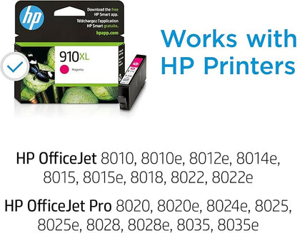 HP 910XL Magenta High-yield Ink Cartridge | Works with HP OfficeJet 8010, 8020 Series, HP OfficeJet Pro 8020, 8030 Series | Eligible for Instant Ink | 3YL63AN