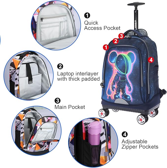 UNIKER Rolling Backpack with Wheels for Travel, Roller Backpack for Women, Wheeled Laptop Bag Fits 15.6 Inch Notebook