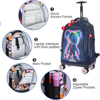 UNIKER Rolling Backpack with Wheels for Travel, Roller Backpack for Women, Wheeled Laptop Bag Fits 15.6 Inch Notebook