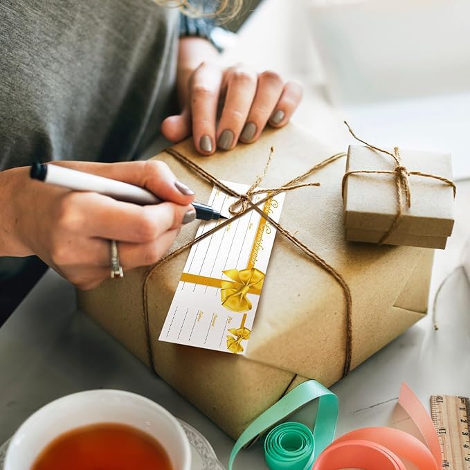 Sinmoe 50 Sets Gift Certificate for Business with 50 Pcs Envelopes Blank Gift Certificate Cards with Name and Address Rustic for Beauty Salon Restaurants Birthday(4.72 x 2.36 Inch, Gold Ribbon)