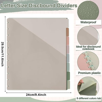 Boho 8 Tab Discbound Notebook Dividers with Pockets Letter Size Disc Planner Pocket 8.5 x 11 Plastic Disc Bound Binder Notebook Divider for School Office Subject Document Discbound System