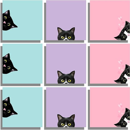9 Pads Black Cat Sticky Notes Set, Pink Self-Stick Note Pads, Cute Memo Pads Super Adhesive Note Card for Cat Lover Gift, Teacher Office and School Supplies, 3x3in