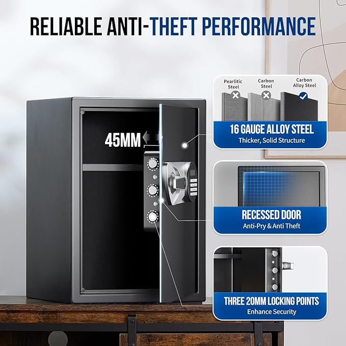 BlackSmith Large Home Safe Box 2.0 Cub Biometric Safe Fingerprint Recogntion Security Safe with Removable Shelf LED Light Fireproof Bag Wall Mount Cabinet Safe for Home Office Hotel