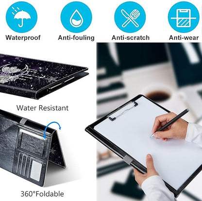 PU Leather Padfolio Folder Clipboard Portfolios Organizer Conference Document Organizer with Business Card Holder Storage Clipboard Writing Pad,Moon Star Galaxy Florals