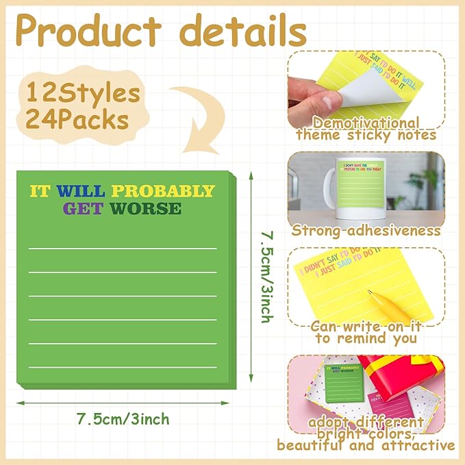 Yinder 24 Pcs Inspirational Sticky Notes with Lines Cute Motivational Sticky Notes Pad Employee Appreciation Gifts Bulk for Teacher Nurse Coworkers Office Supplies 3 x 3''(Bright Color,Demotivation)