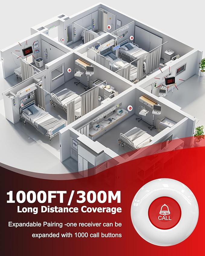 CallToU Wireless Caregiver Pager Nurse Calling System 1000+ft Call Bell Patients with 1 Receiver 10 Caregiver Call Buttons for Clinic/Medical and Rehabilitation Center/Hospital/Nurses Station/Home