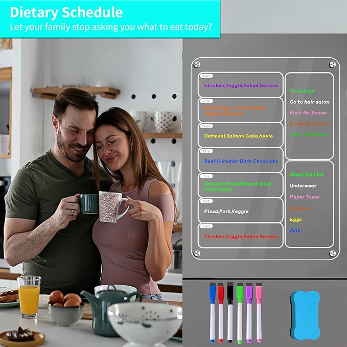 Acrylic Meal Planner Magnetic Menu Board for Kitchen Fridge, Clear Weekly Calendar Planning Board Refrigerator to Do/Grocery/Shopping List/Chore Chart, Magnetic Pen Holder and Eraser, 11.8 x 8’’