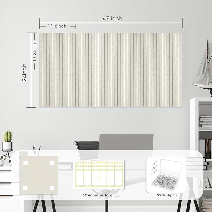 Large Cork Board for Office Wall Decor,8 Pack Felt Wall Tiles with Slat Wall Paneling and 30 Push Pins,Felt Bulletin Board Pin Board Cork Boards for Walls (Oatmeal)