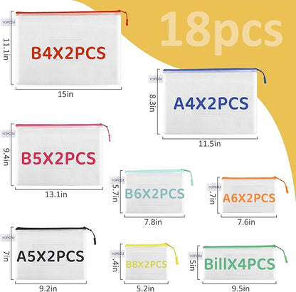 18PCS Mesh Zipper Pouch, Zipper Bags for Office Supplies,12 Colors for Reusable Zipper Pouches, 8 Sizes for Office Supply and Home Organize