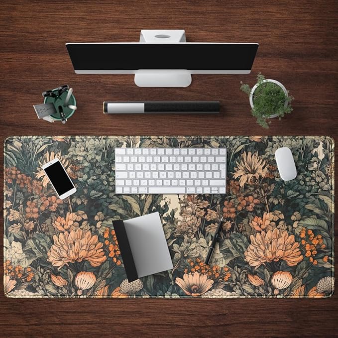 Boho Aesthetic Desk Mat Wildflowers Large Mouse Pad Gaming Desk Pad, XXL Keyboard Mat Full Desktop Women Office Desk Accessories with Stitched Edges Anti-Slip Funny Deskpad, 31.5 X 15.8 in