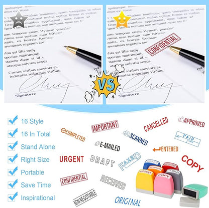 Crtiin 16 Pcs Office Stamp Set Message Self Inking Rubber Stamp Set for Office Stamps Completed Faxed Scanned Stamps for Message Supplies(Mixed Colors)