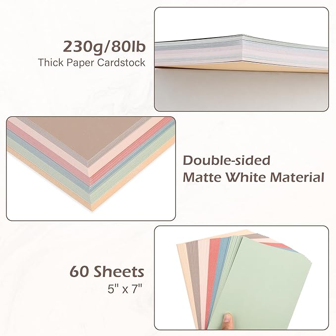 5x7 Cardstock Colored Paper, 60 Sheet Heavyweight Blank Card 85lb/230GSM, Thick Index Cards for Printer, Postcards, Wedding Cards, Invitation Cards, Double Sided