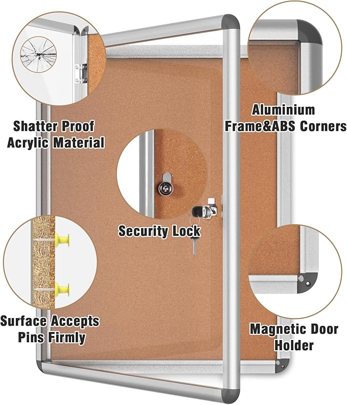 26"x20" Enclosed Bulletin Board, Lockable Weather-Resistant Aluminum Cork Noticeboard for School & Office, Silver Frame w/Cork