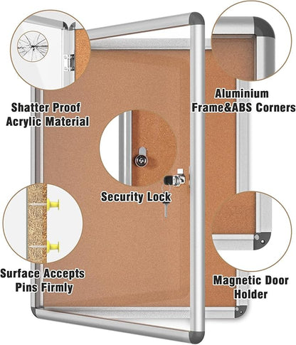 26"x20" Enclosed Bulletin Board, Lockable Weather-Resistant Aluminum Cork Noticeboard for School & Office, Silver Frame w/Cork