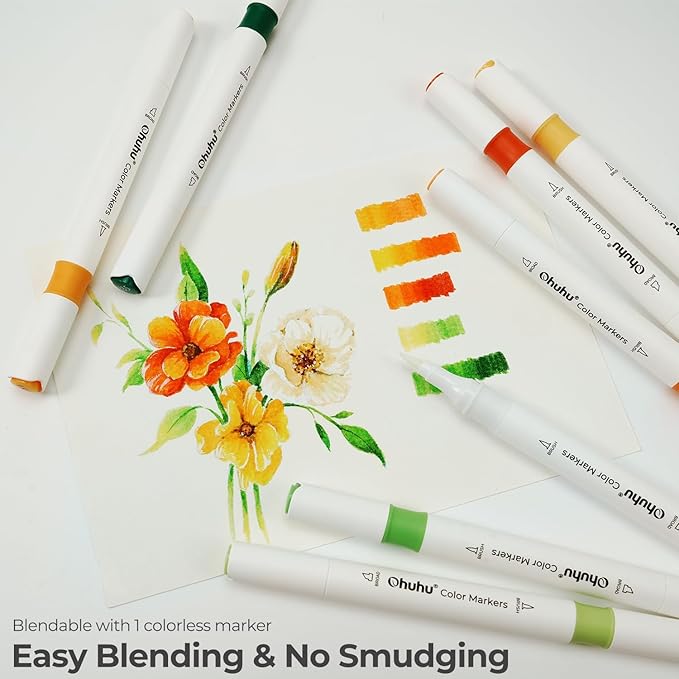 Ohuhu Markers for Adult Coloring Books No bleeding 64 Colors Water-based Coloring Markers Dual Tips Chisel & Brush Drawing Pens Art Markers for Kids Adults Beginners Lettering Journaling