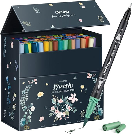 Ohuhu Markers for Adult Coloring Books No bleeding 120 Colors Coloring Markers Water-based Dual Tips Fineliner & Brush Drawing Pens Art Markers for Kids Adults Sketch Journal - Maui - Black