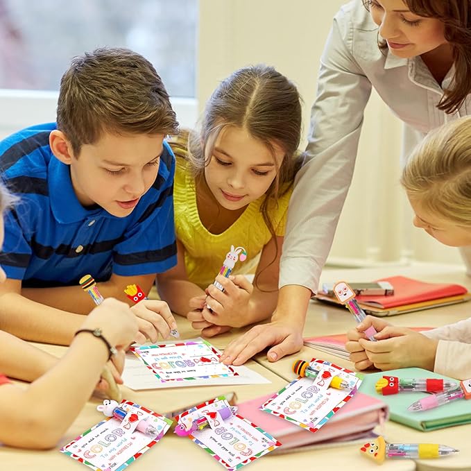 30 Set Cute Multicolor Pens in One 4-in-1 Fun Pens Bulk with 30 Valentines Day Cards for Valentine's Day Party Student Colleagues Greeting Exchange Gift Office School